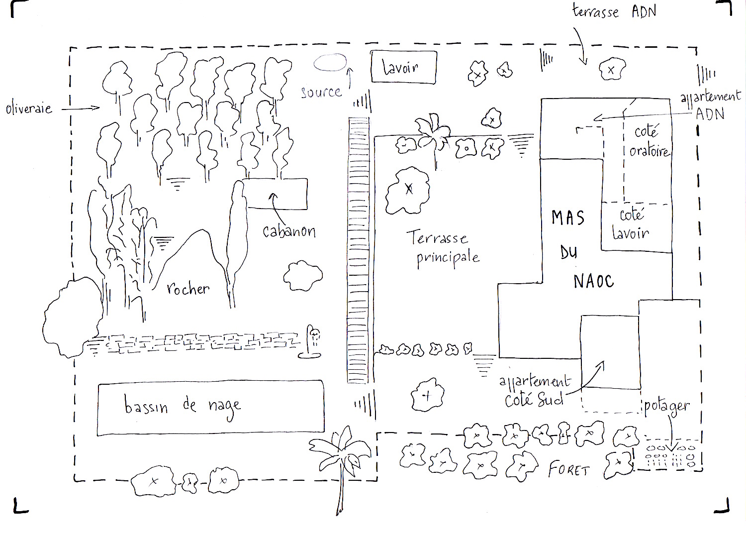 Plan du jardin et des appartements du Mas du Naoc